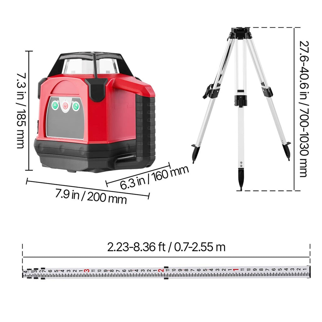 Red rotary laser level unit with tripod; dimensions shown