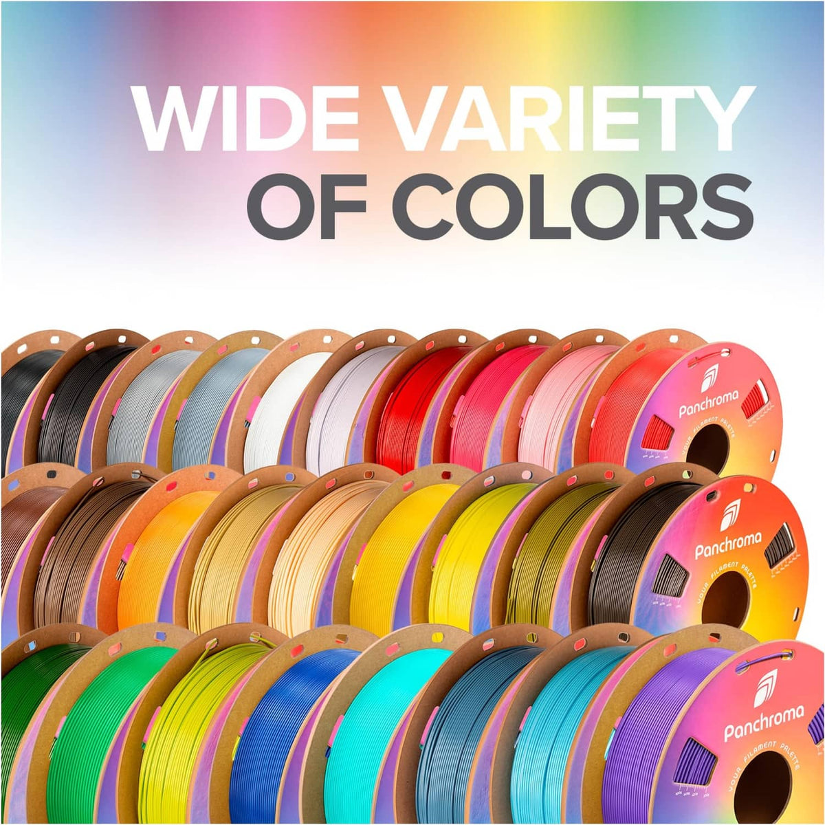 PLA filament spool assortment with many colors, rounded reel hubs visible