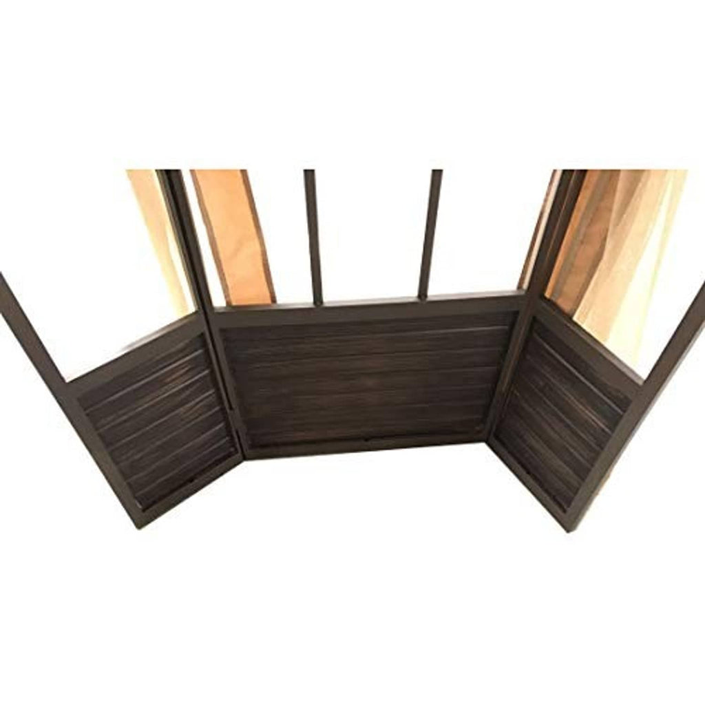 Gazebo canopy corner with dark side panels and beige fabric roof cover