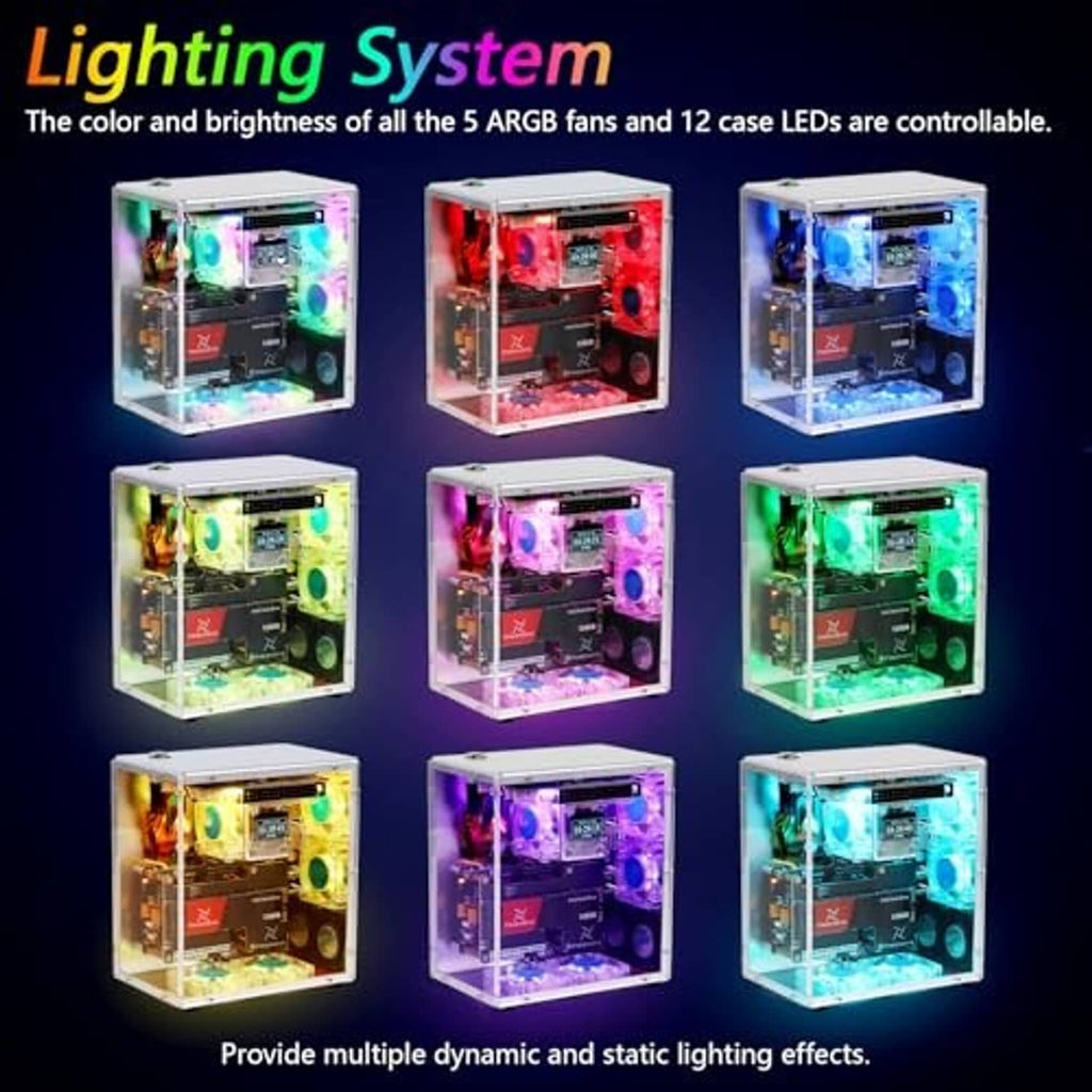 Transparent PC case kit with five ARGB fans showing multicolor lighting effects