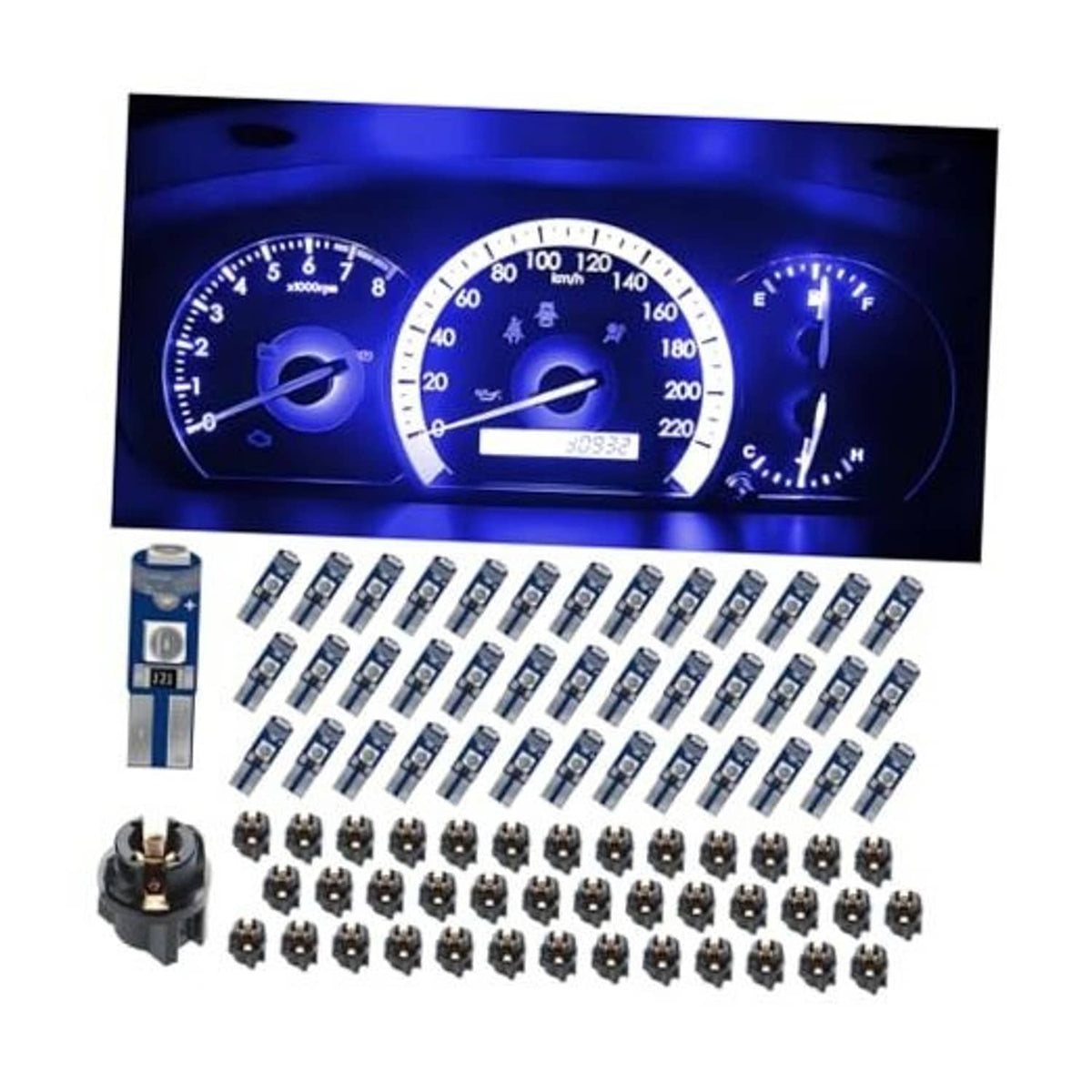 Blue-lit car dashboard instrument cluster with multiple T5 LED bulbs set