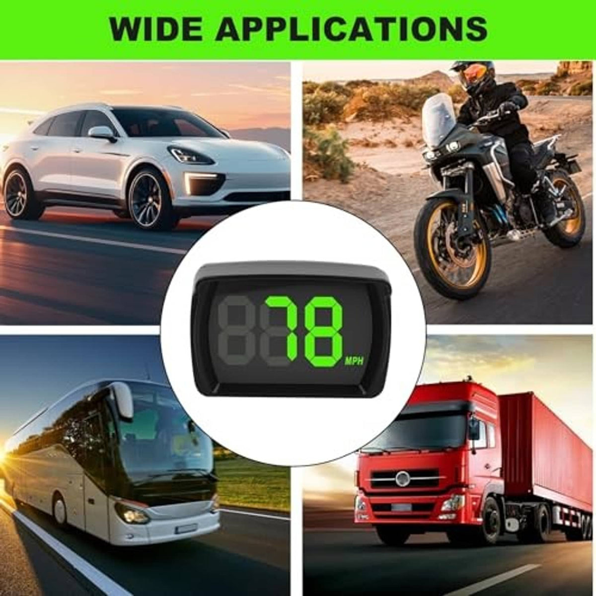 HUD speedometer with green 18 MPH display for use on cars, trucks, and motorcycles