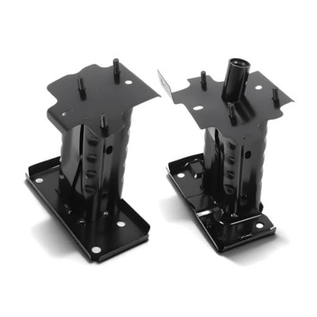 Pair of black front bumper mounting brackets with vertical posts and bolt holes