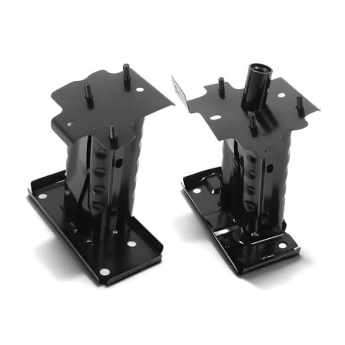 Pair of black front bumper mounting brackets with vertical posts and bolt holes