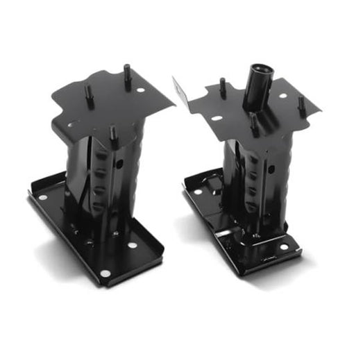 Pair of black front bumper mounting brackets with vertical posts and bolt holes
