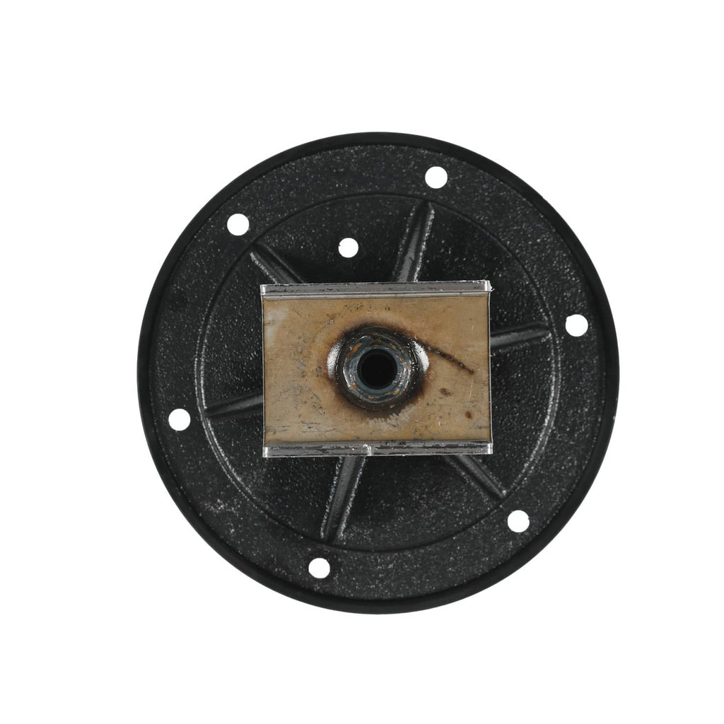 Black deck spindle assembly with circular base, four mounting holes, and central shaft mount
