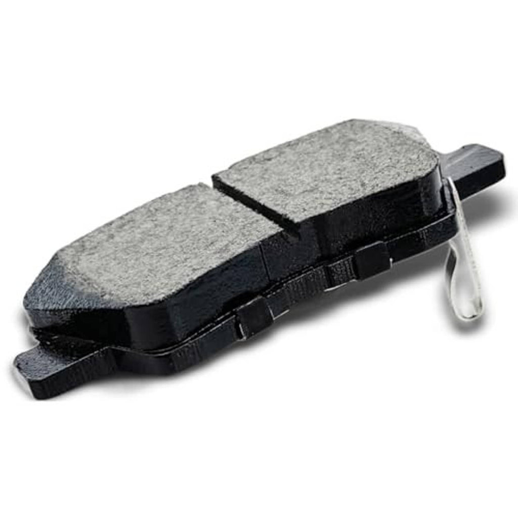 Ceramic brake pad with gray friction faces and metal hardware clip on back