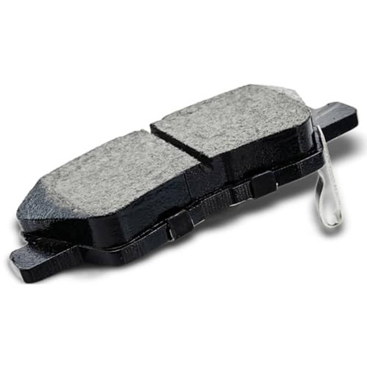 Ceramic brake pad with gray friction faces and metal hardware clip on back