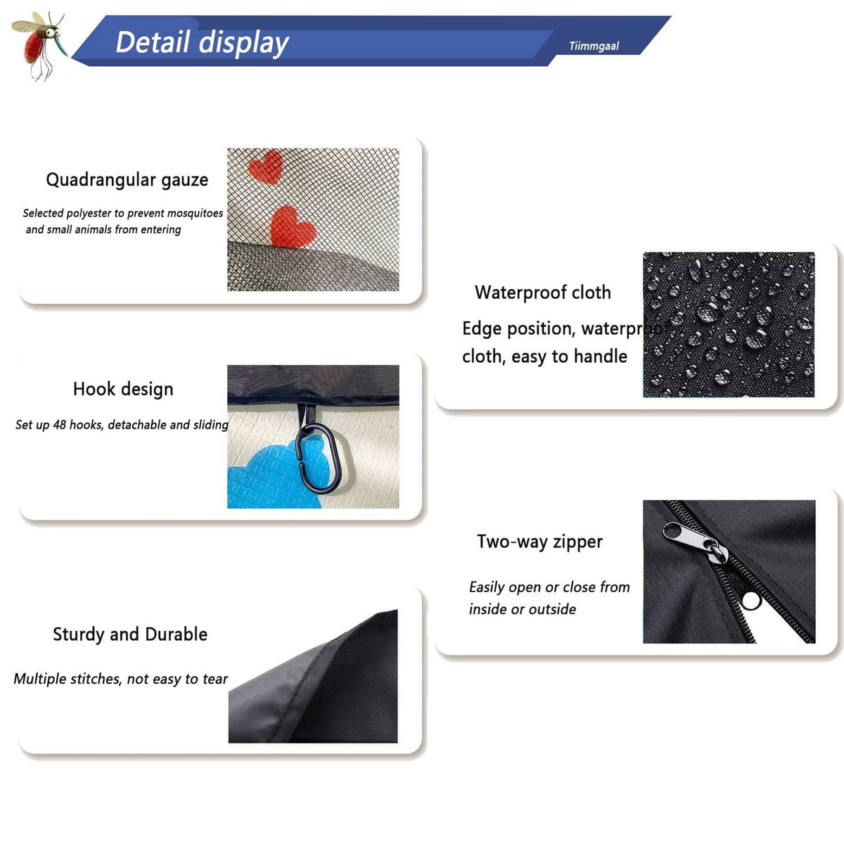 Mosquito net features: double-sided zipper, waterproof fabric edge, durable stitching