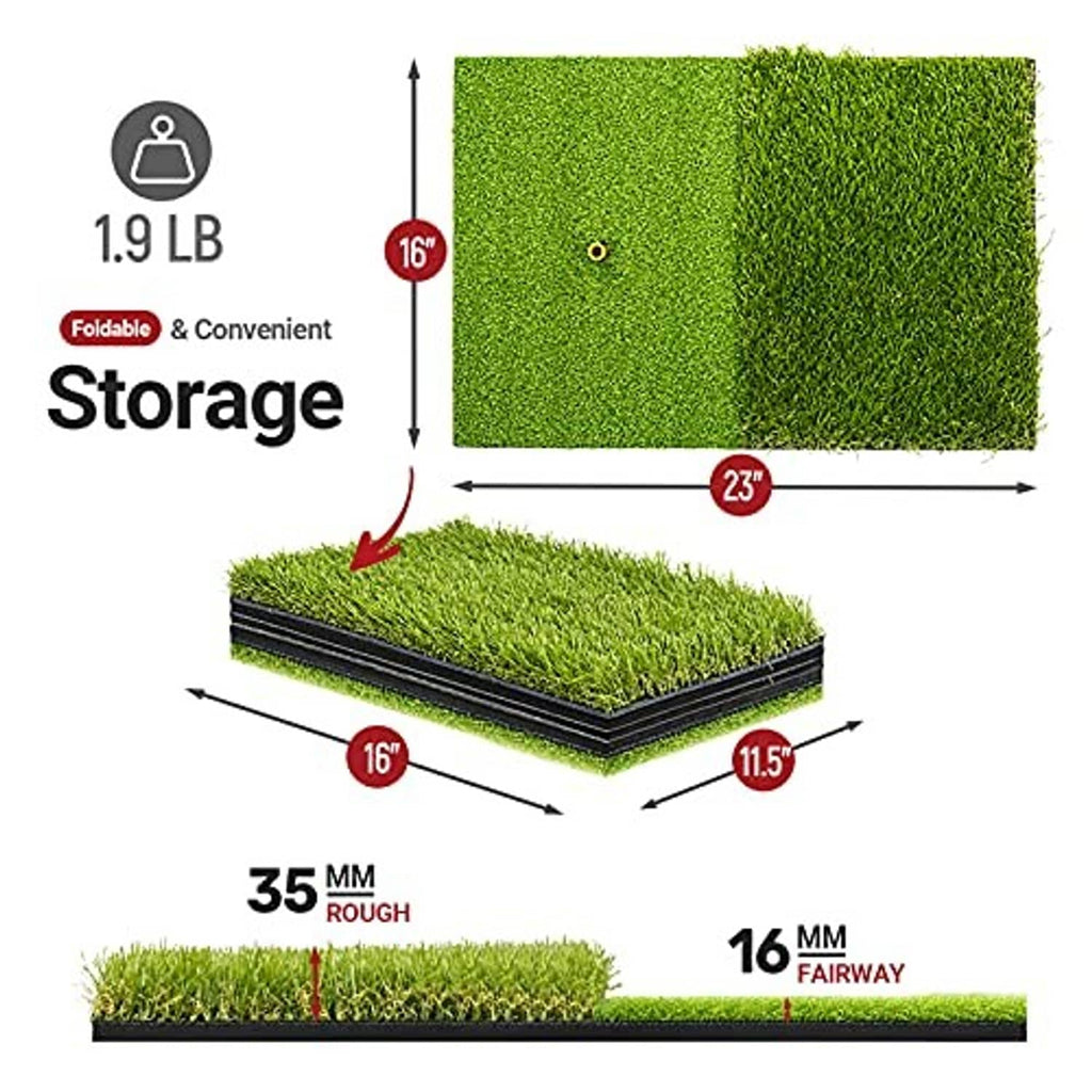 Foldable green artificial turf golf practice mat with thickness and size layout