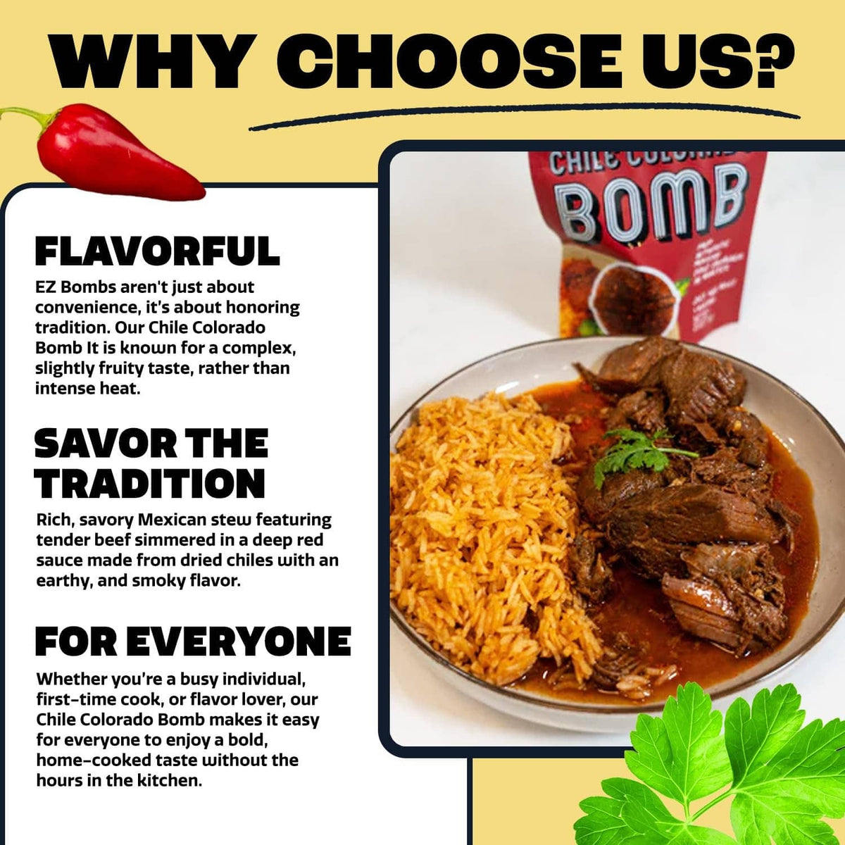 Chile Colorado Bomb seasoning mix packet with prepared beef and rice dish photo