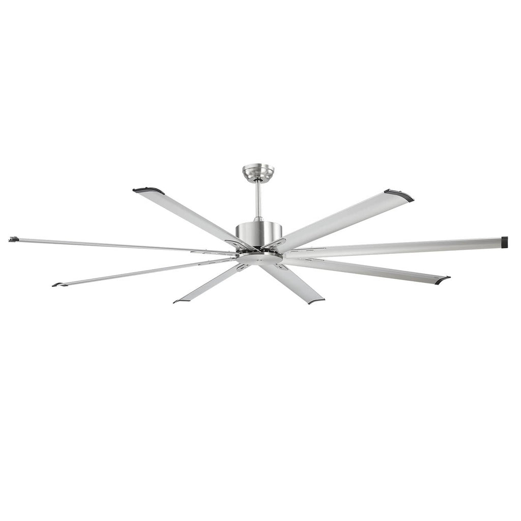 Nickel aluminum ceiling fan with 8 blades and reversible motor, shown on white background; no light kit.