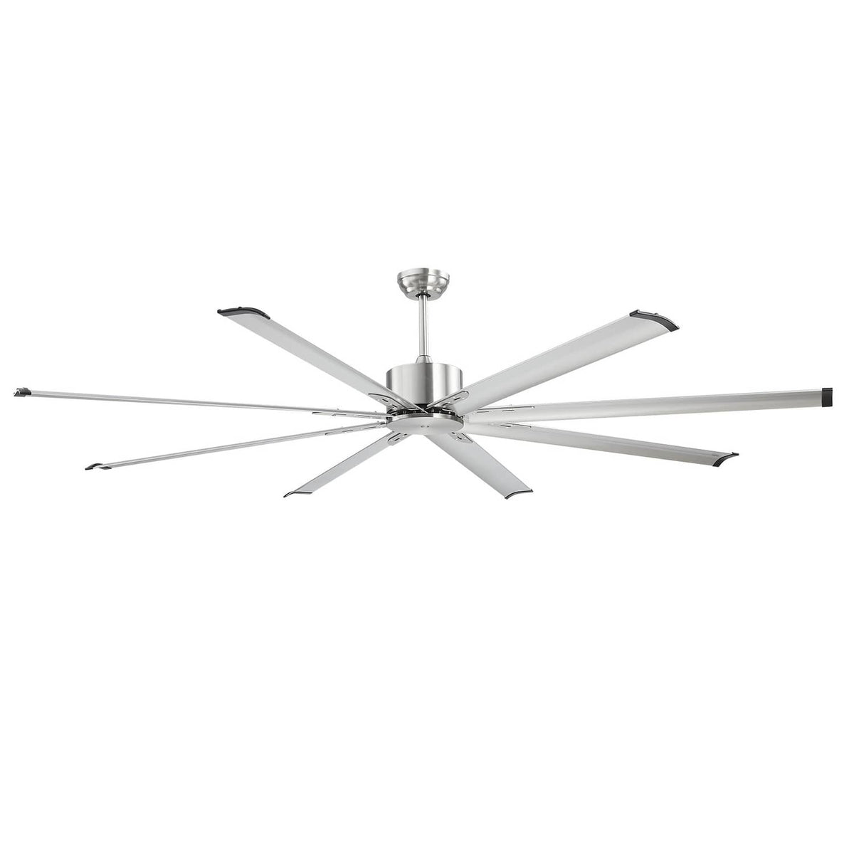 Nickel aluminum ceiling fan with 8 blades and reversible motor, shown on white background; no light kit.