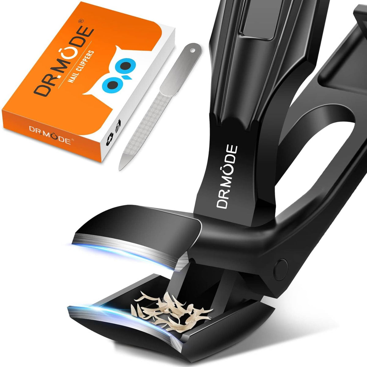 Black angled toenail clippers with wide cutting jaws and lever handle