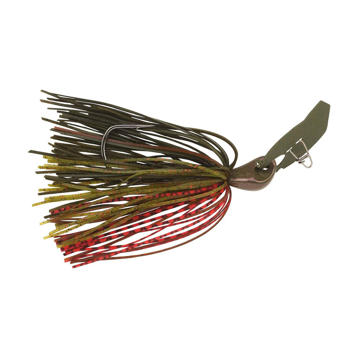 Brown and red bladed jig with green skirt strands and hooked blade