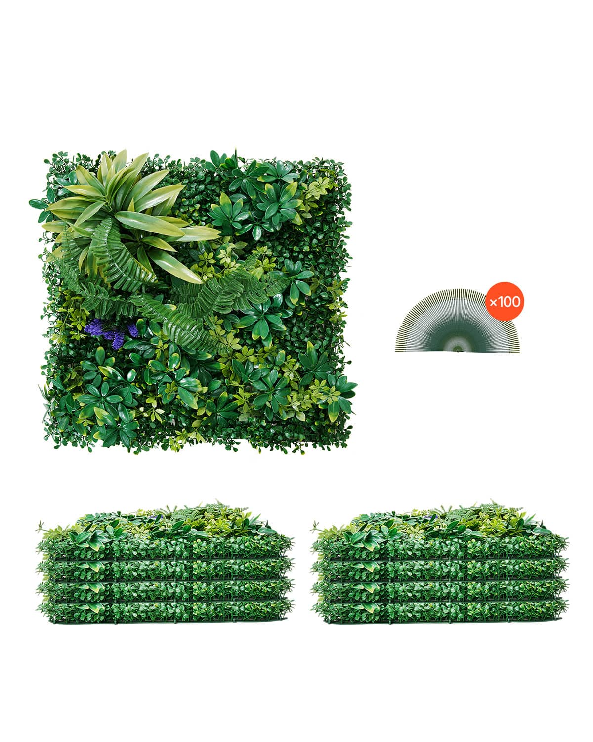 3D artificial greenery wall panel set, square sheets with layered leaf texture, green