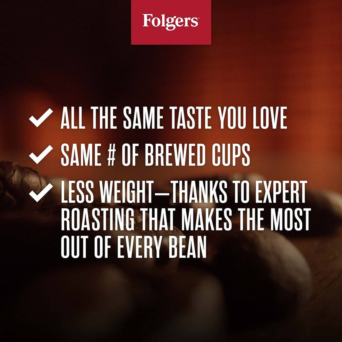 Folgers Half Caff promotional graphic with checkmark text and coffee beans