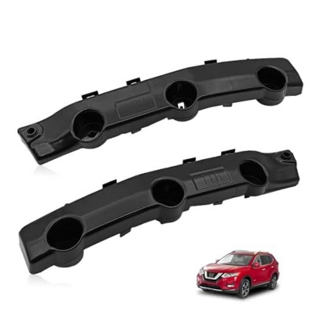 Front bumper bracket pair, dark plastic with circular openings and mounting studs