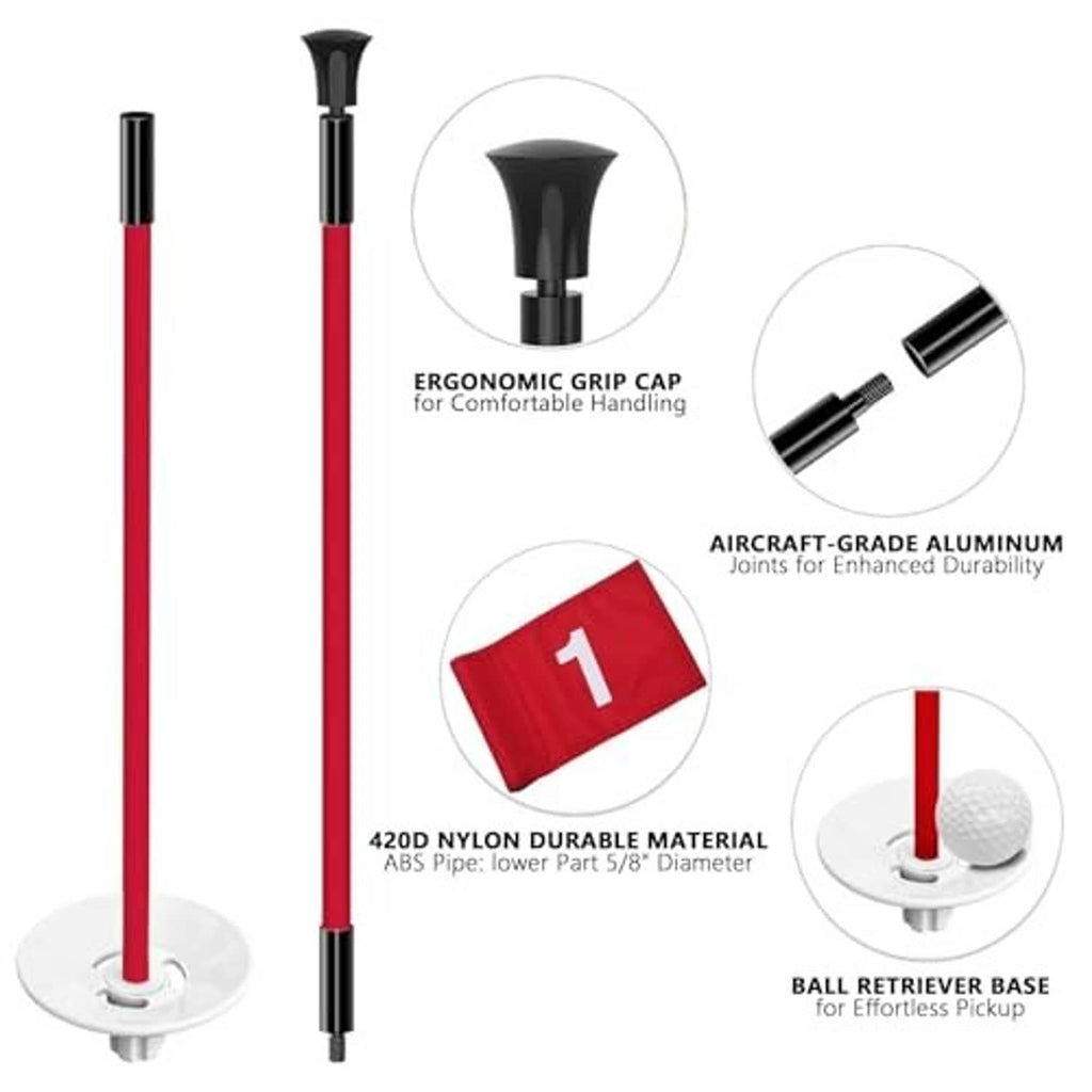 Red foldable golf flag poles with black grip caps and white ball-retriever base