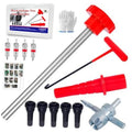 Car tire valve stem tool kit: metal rod, T-hook, red handle, valve cores and caps