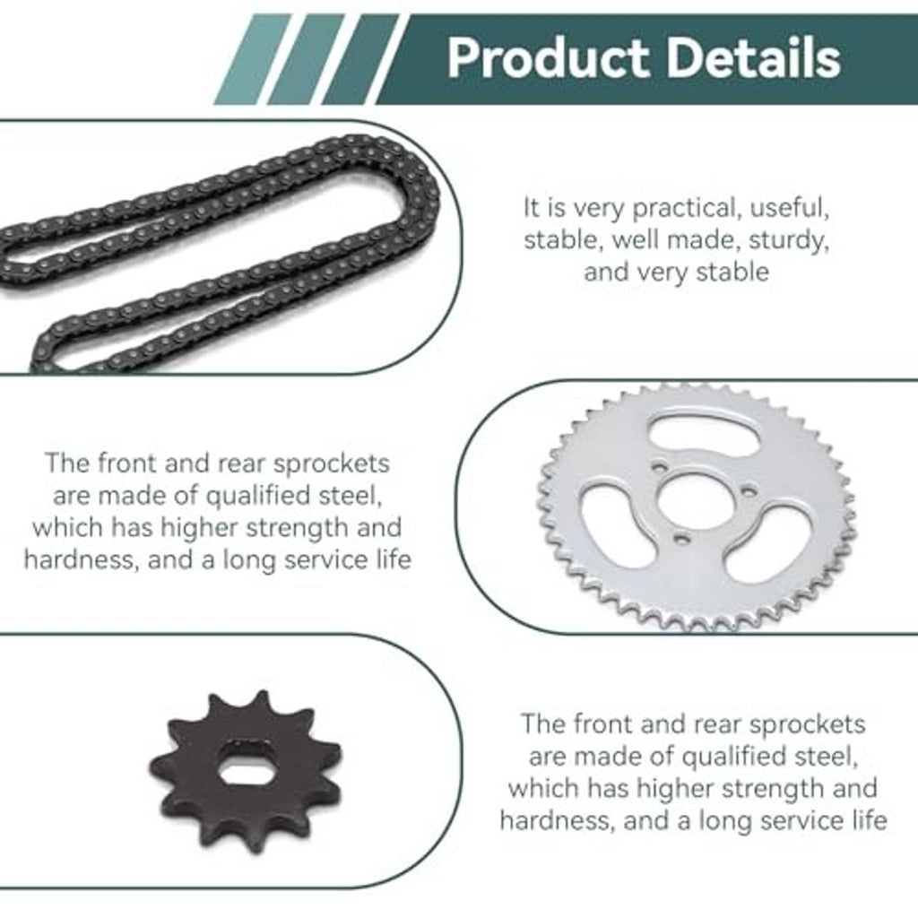 Chain with front and rear sprockets shown in detail; metal sprocket gear close-up