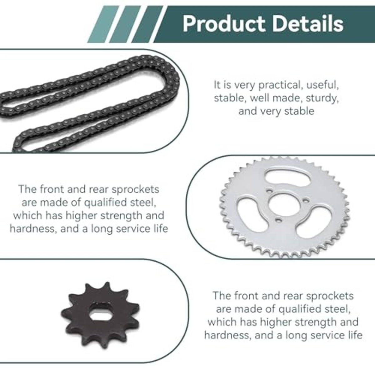Chain with front and rear sprockets shown in detail; metal sprocket gear close-up