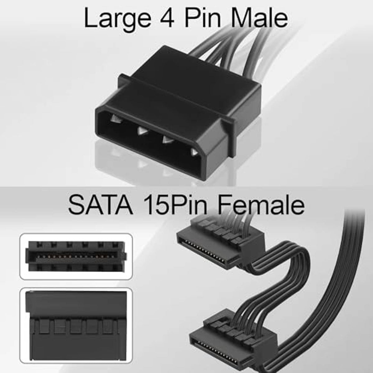 4-pin male plug with SATA 15-pin female connector ends on black expansion cable