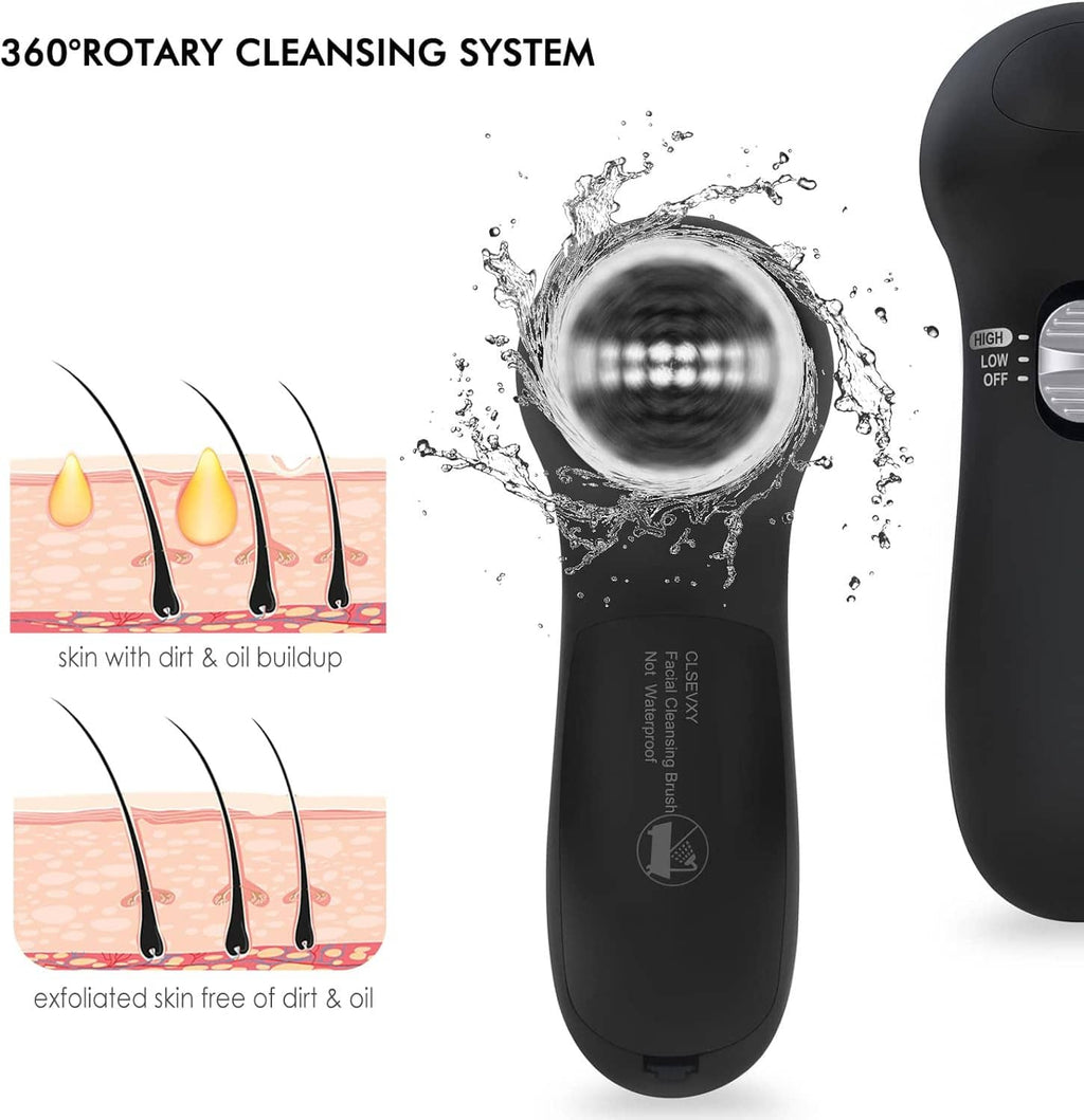 Black electric facial cleansing device with rotating brush head and water splash