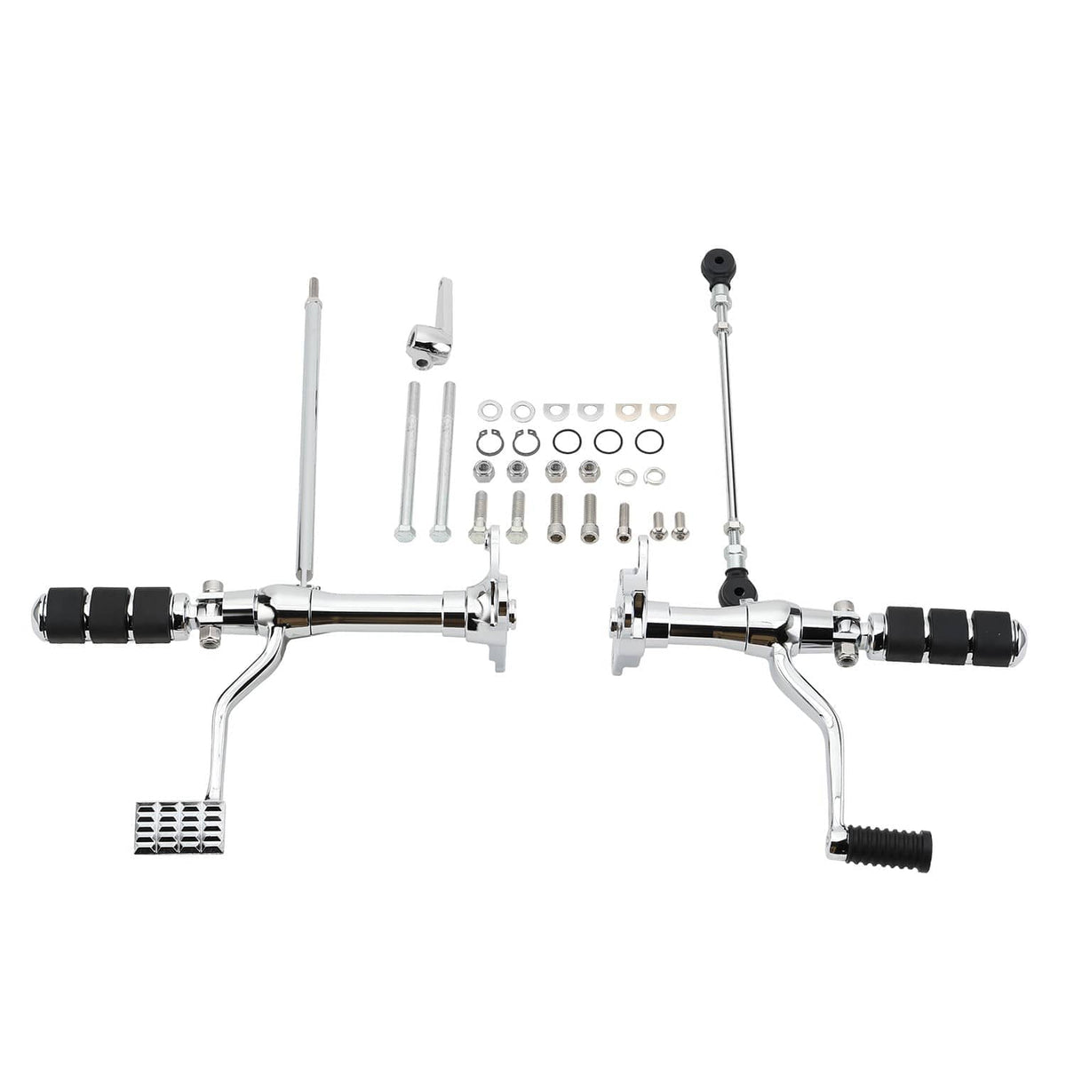 Forward control pegs and levers kit, chrome with black rubber foot pegs and linkage rods