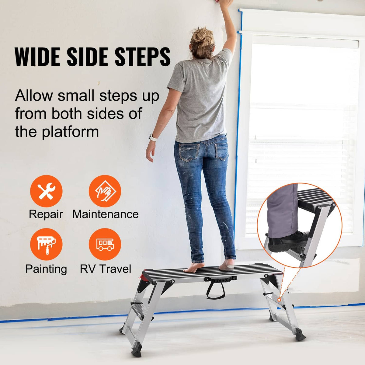 Aluminum folding work platform ladder with wide side steps for access from both sides