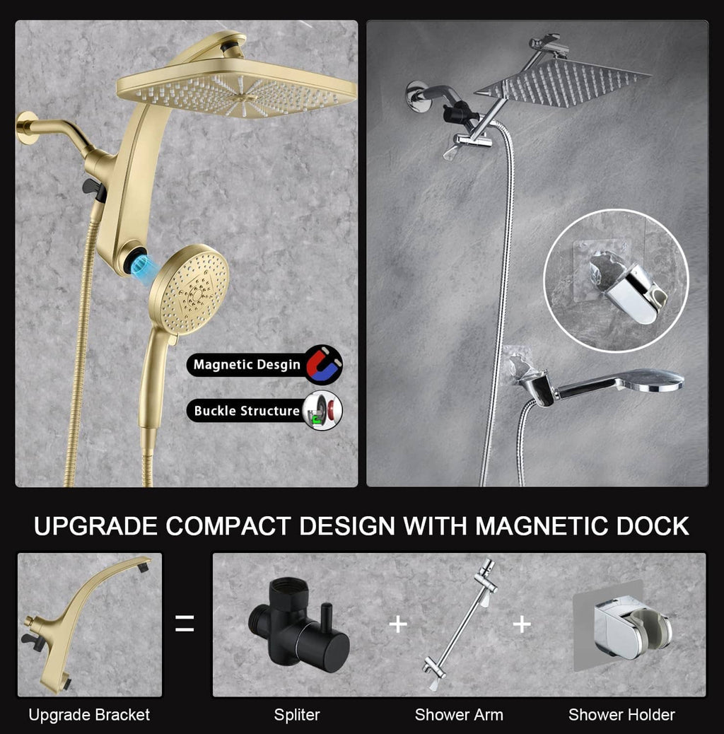 Gold rain shower head and handheld sprayer set with magnetic dock and shower arm components