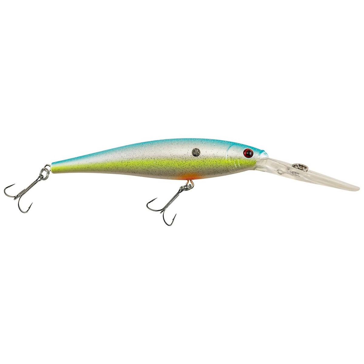 Minnow crankbait fishing lure with pale blue-green body and clear lip, two treble hooks