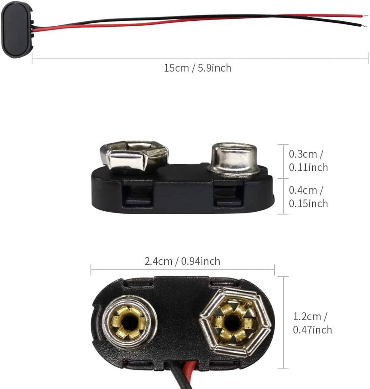 Single T-type 9V battery connector with black housing and attached red/black leads