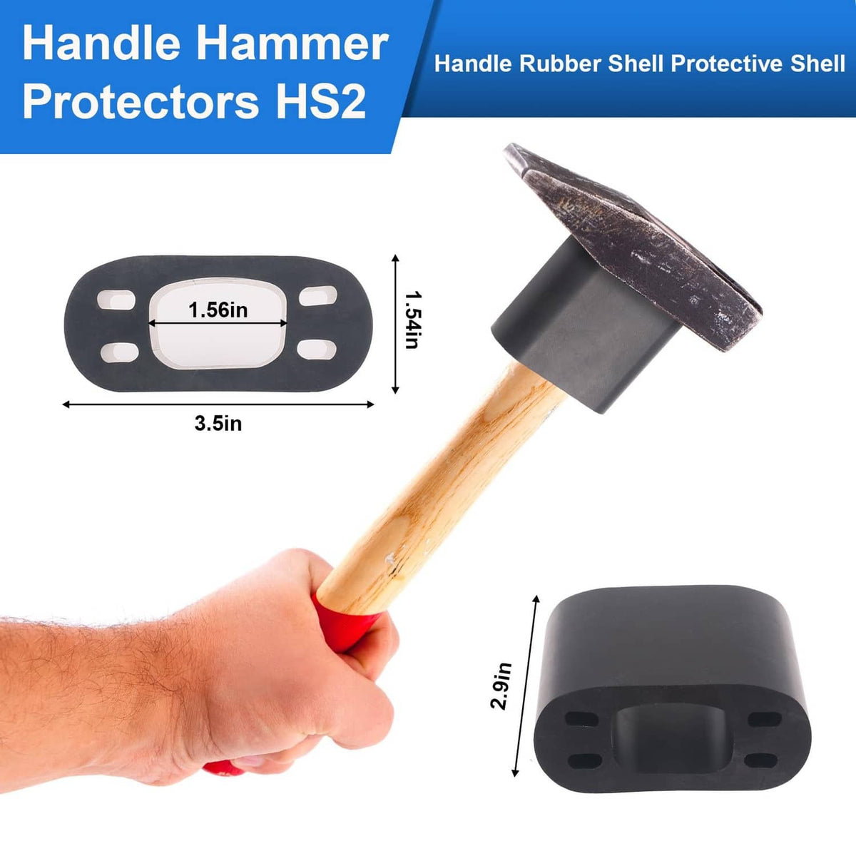 Black rubber hammer handle protector shell with handle slot and mounting holes