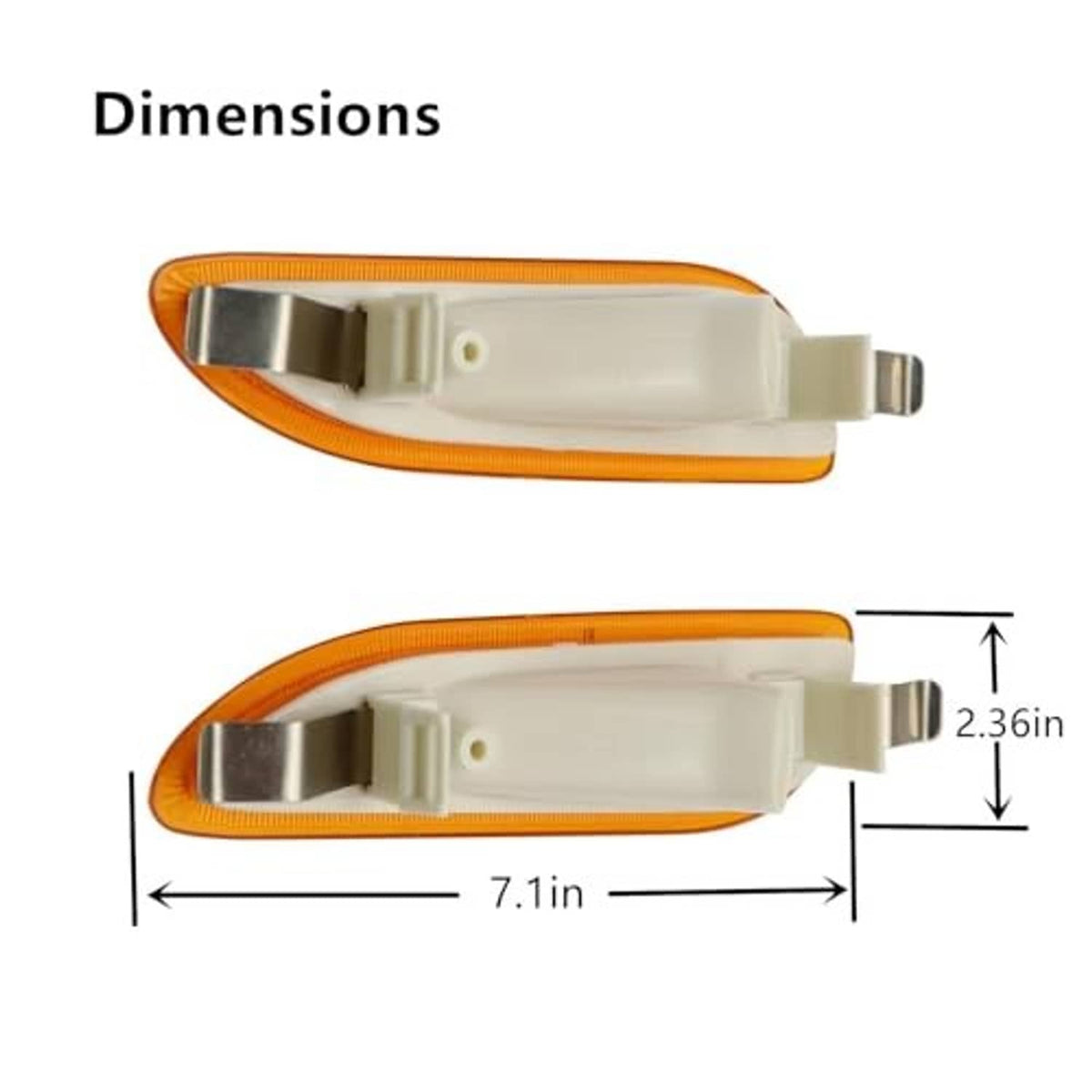 Amber side marker turn signal light with white housing; size dimensions shown