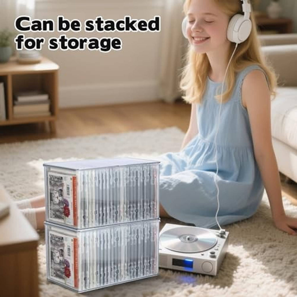 Stackable clear plastic CD storage boxes with lid, CDs inside