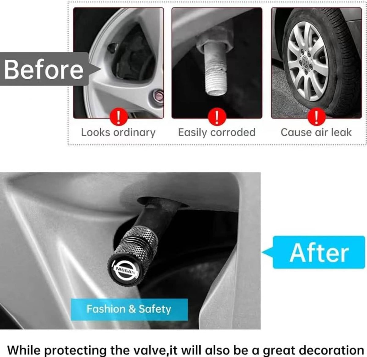 Black textured tire valve stem cap with Nissan logo, installed on valve