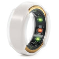 Frosted white flexible smart ring protector with gold rim, showing inner display through cover