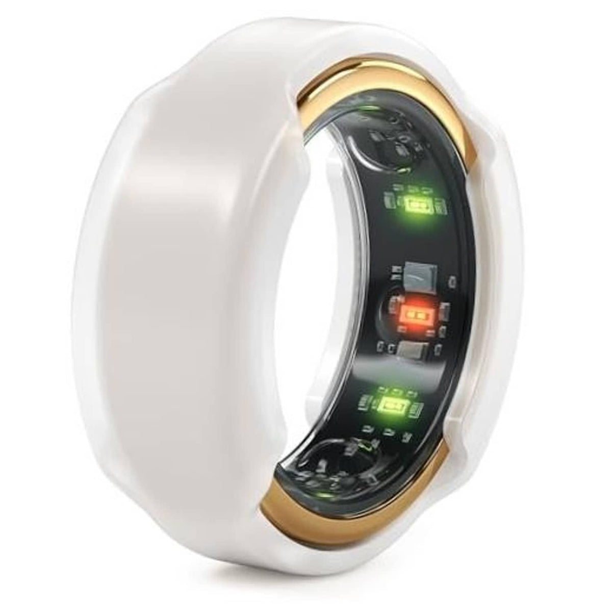 Frosted white flexible smart ring protector with gold rim, showing inner display through cover