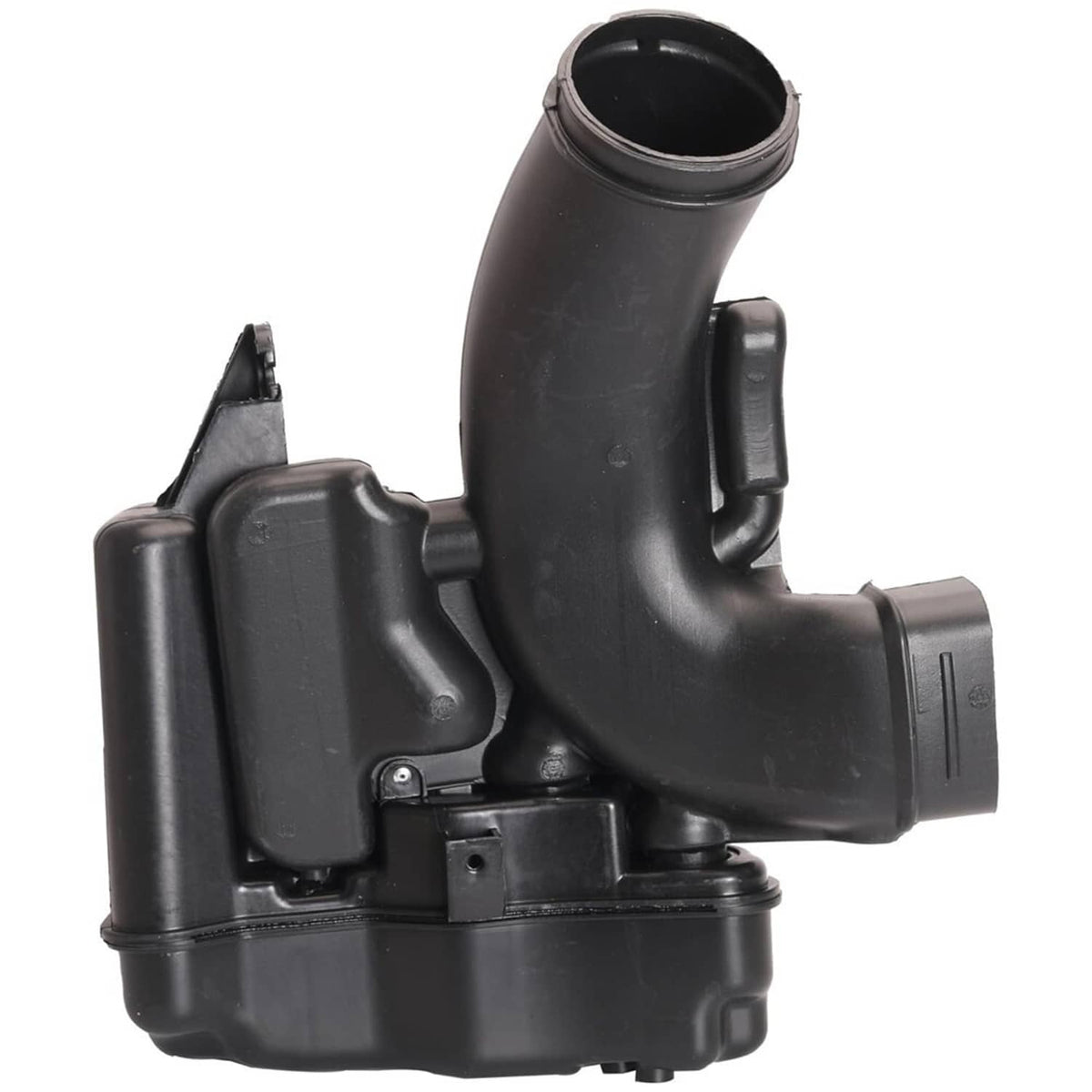 Black air intake resonator assembly with curved intake pipe and mounting brackets