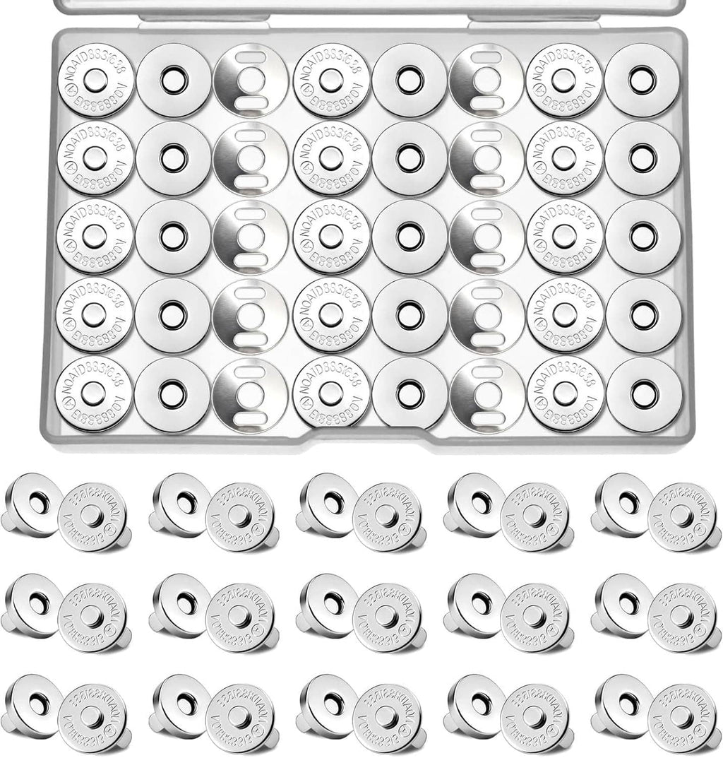 Magnetic snap fasteners kit with silver snap button halves and matching parts in a tray
