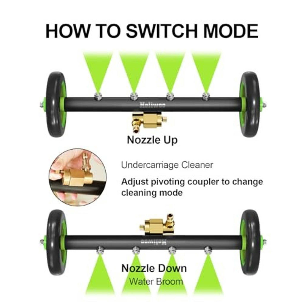 Undercarriage cleaner with nozzle up/down pivot, black wand, and green end wheels