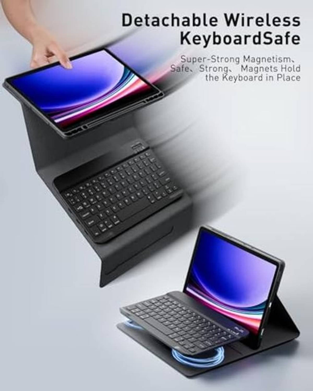 Black detachable wireless keyboard case with tablet secured in the folio
