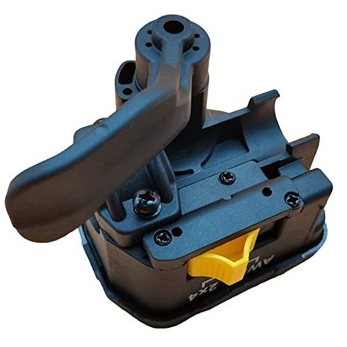 Thumb throttle lever assembly with blue mounting plate, black screws, and yellow release part