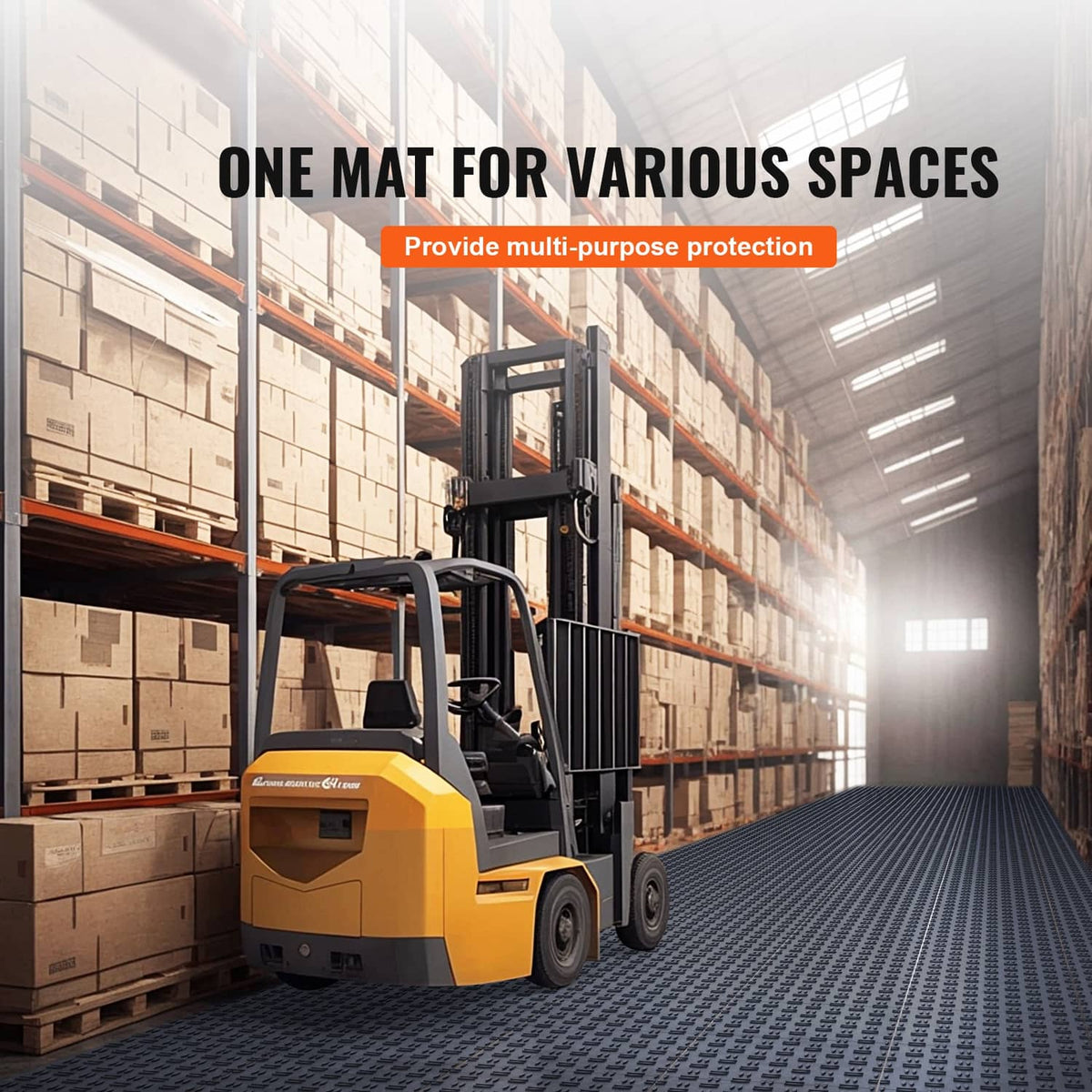 Interlocking garage floor tiles covering a warehouse floor with diamond tread texture