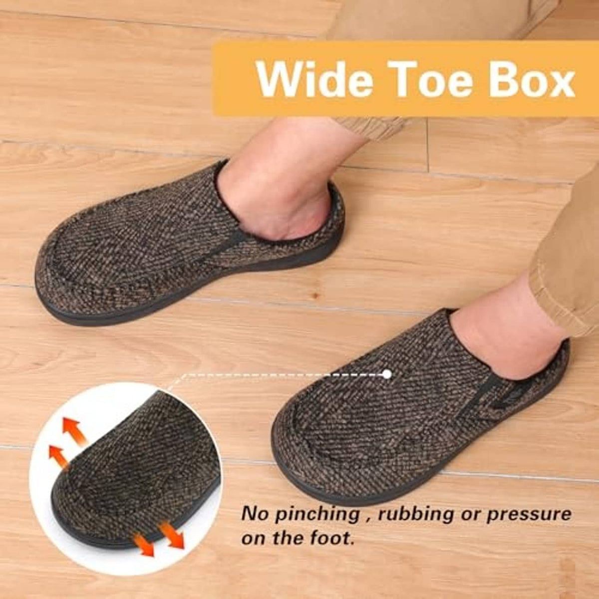Men’s slip-on slippers on feet, dark speckled knit with black slip-on opening