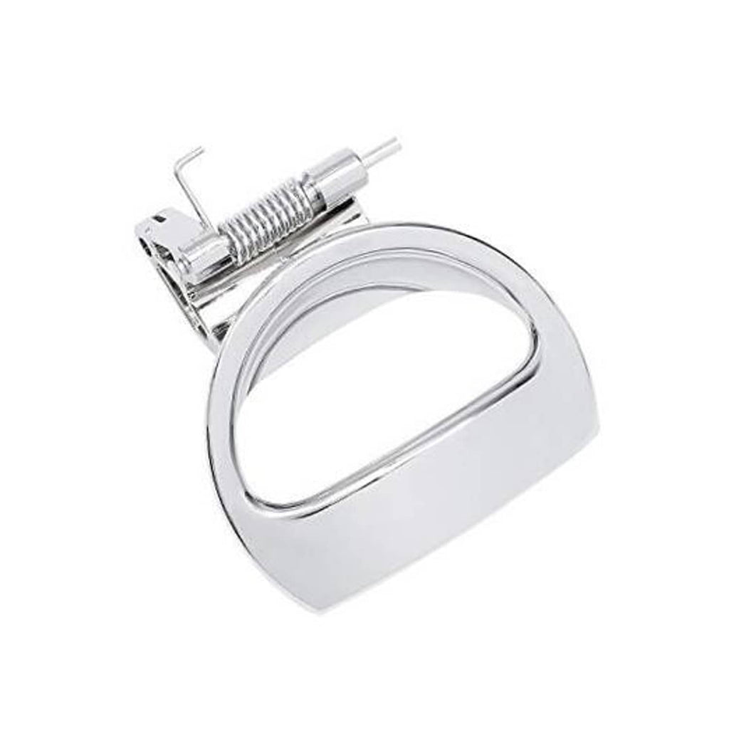 Chrome interior door handle with oval pull and spring mechanism, driver-side left