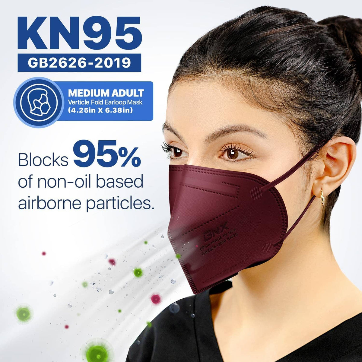 Maroon KN95 respirator face mask for medium adults, angled side view