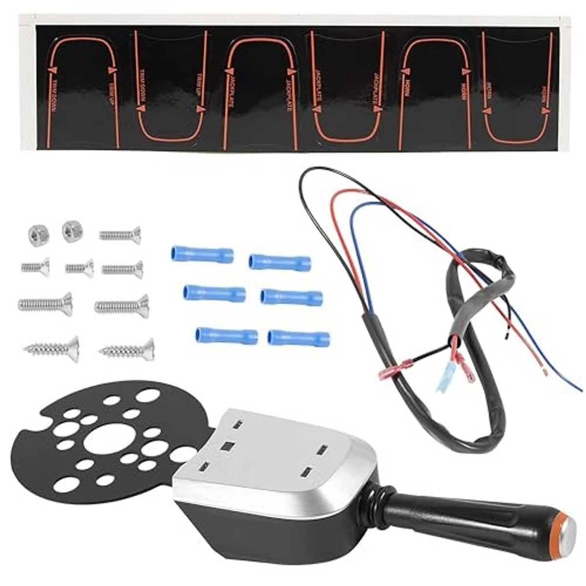 Control switch kit with bezel lever, wiring harness, screws, and blue connector caps