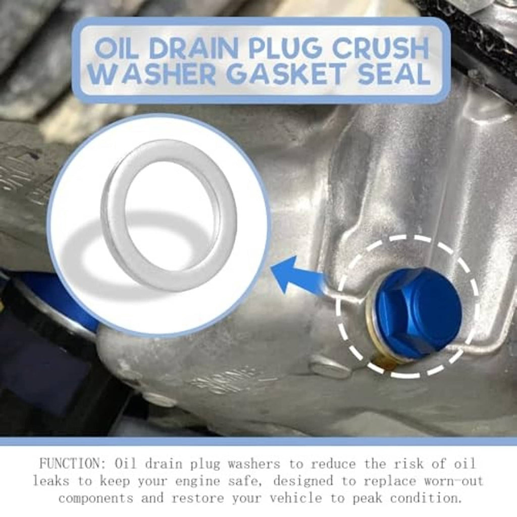 Oil drain plug crush washer gasket on a metal surface near the drain opening